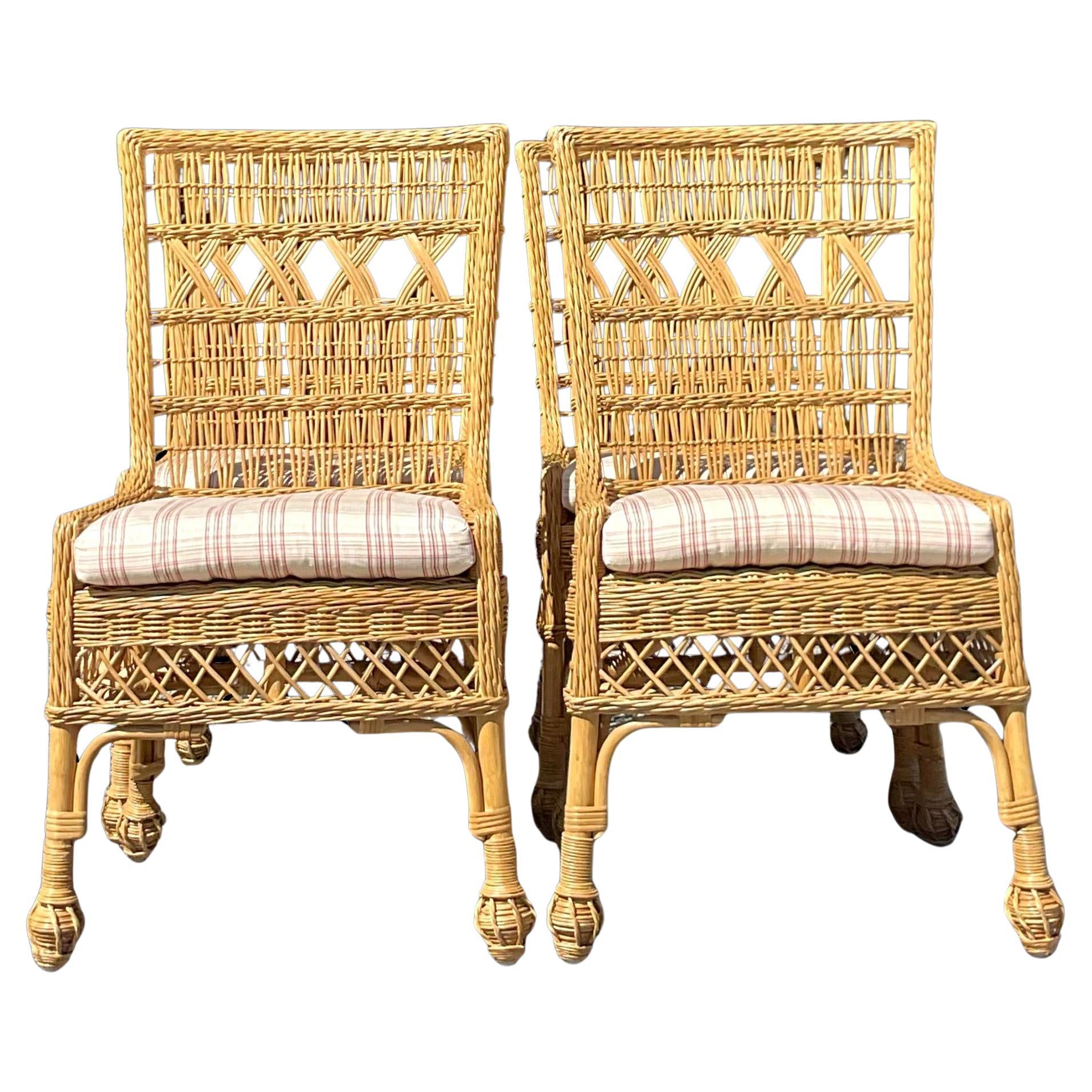 Vintage Coastal Woven Rattan Dining Chairs - Set of 4
