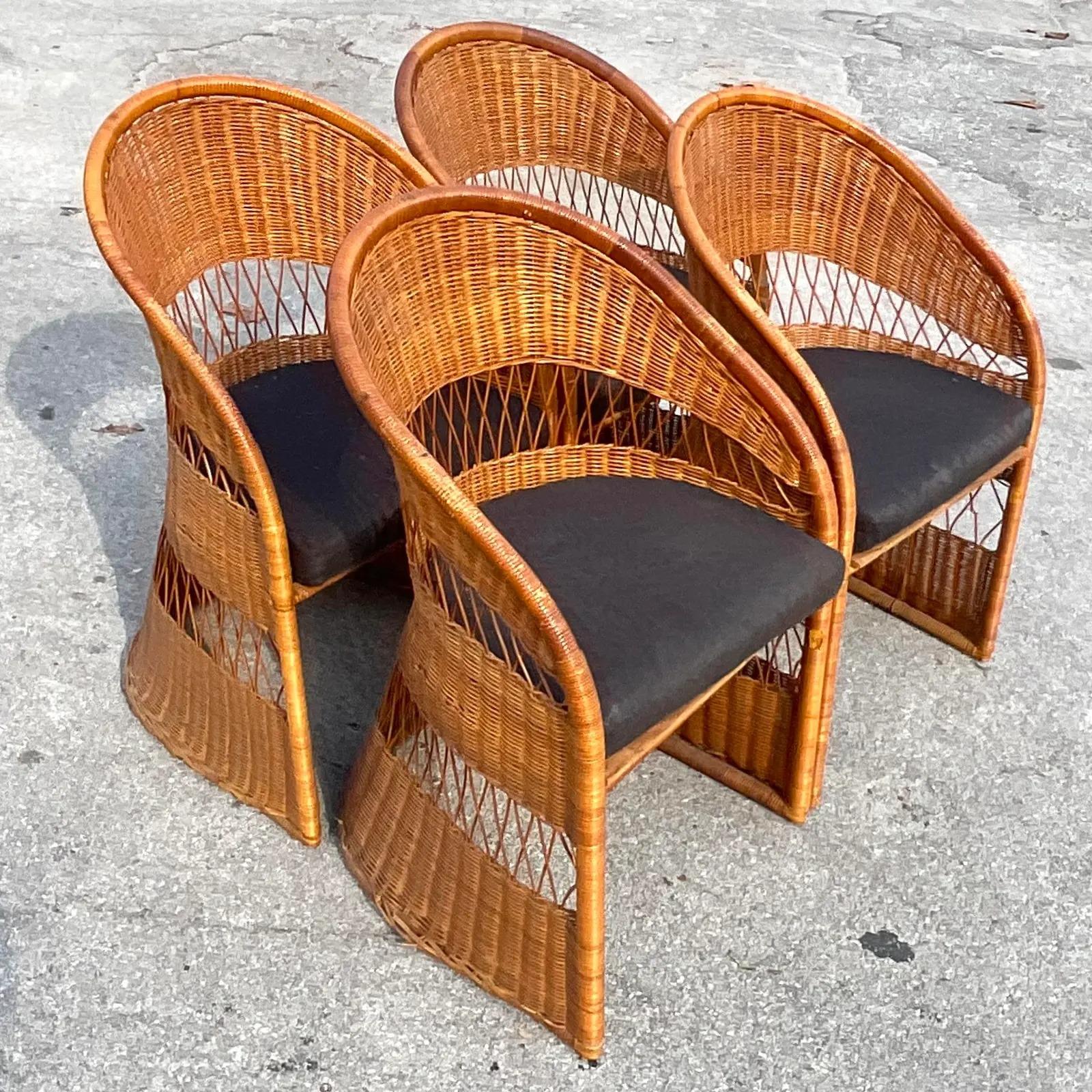 Philippine Vintage Coastal Woven Rattan Dining Chairs, Set of Four