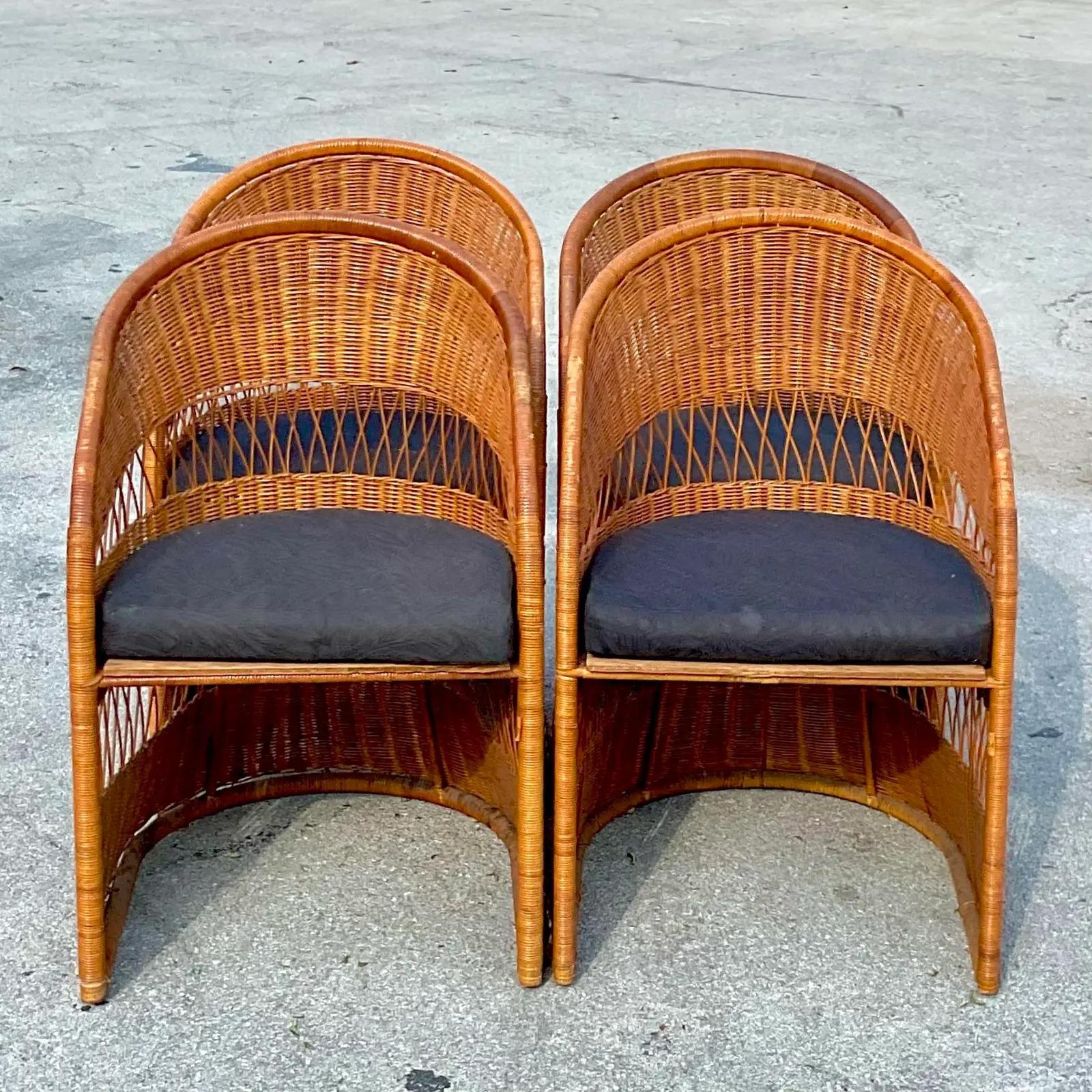 Vintage Coastal Woven Rattan Dining Chairs, Set of Four In Good Condition In west palm beach, FL