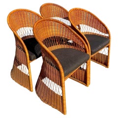 Vintage Coastal Woven Rattan Dining Chairs, Set of Four