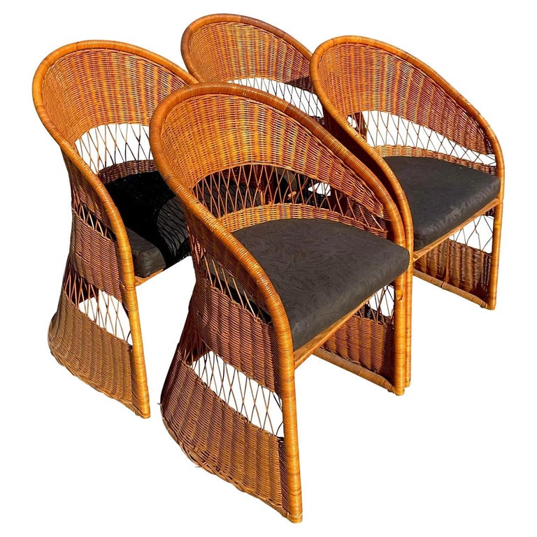 Vintage Coastal Woven Rattan Dining Chairs Set of Four For Sale at