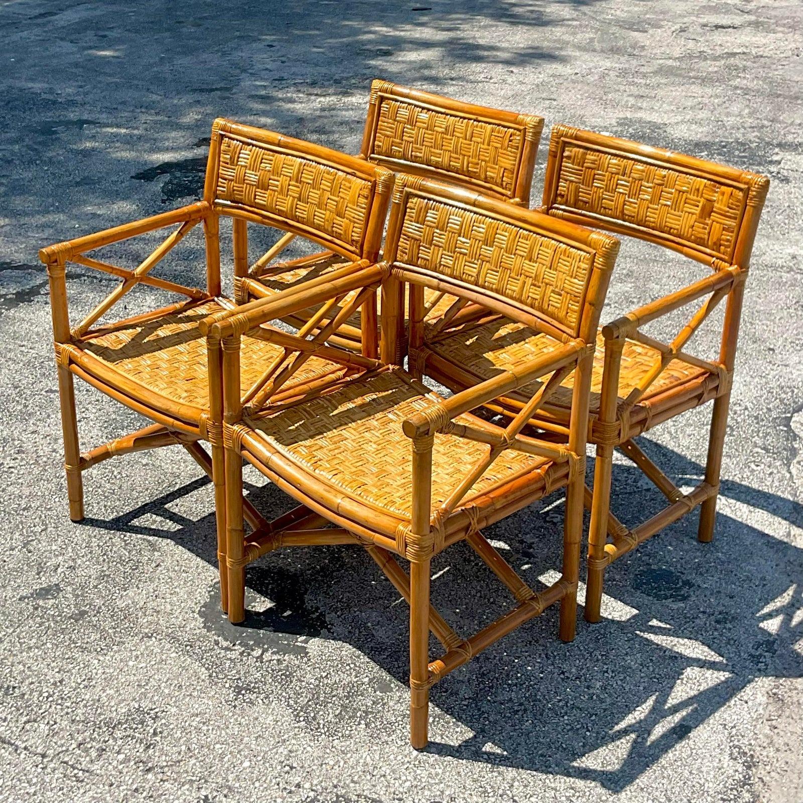 Philippine Vintage Coastal Woven Rattan Directors Chairs - Set of 4 For Sale