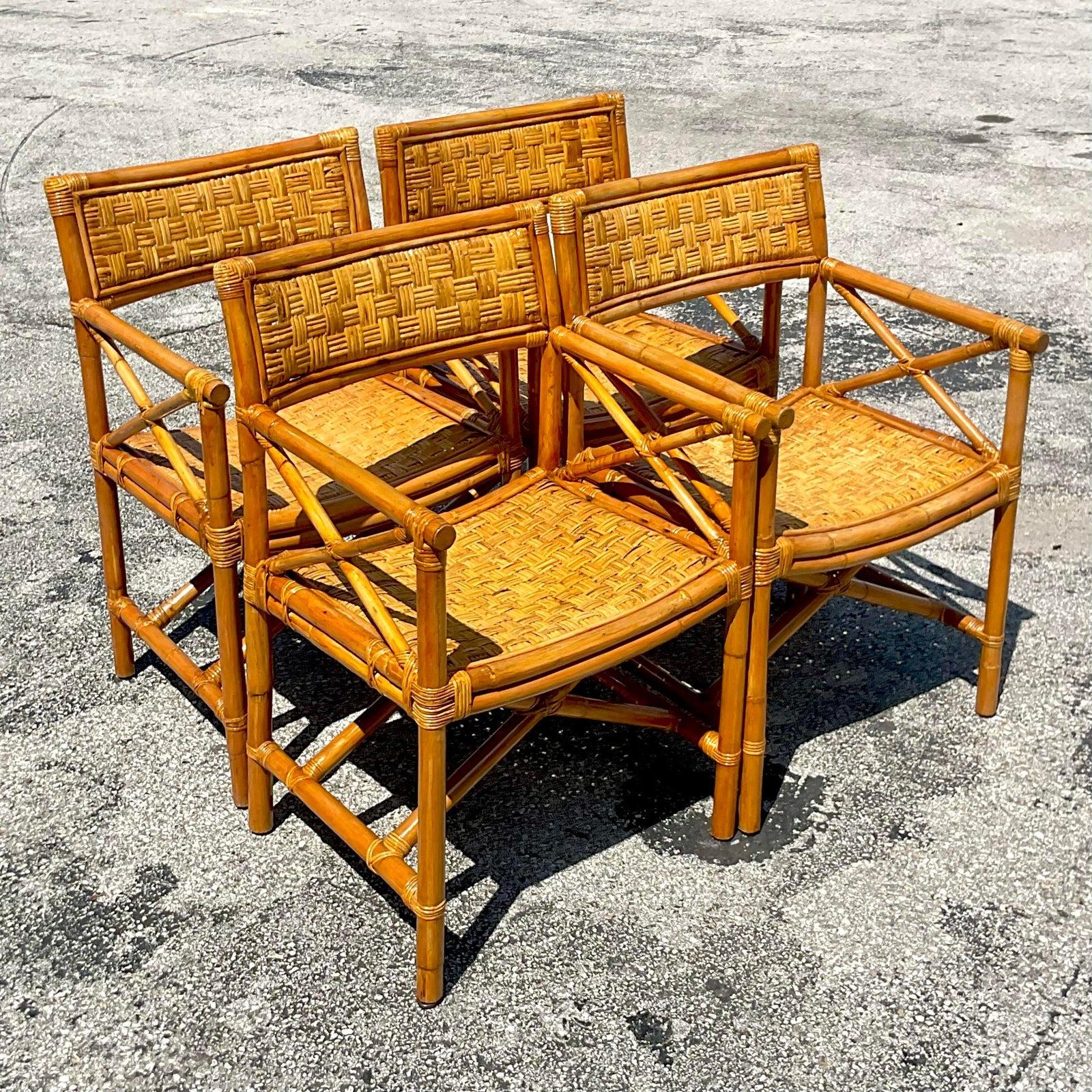 Vintage Coastal Woven Rattan Directors Chairs - Set of 4 In Good Condition For Sale In west palm beach, FL
