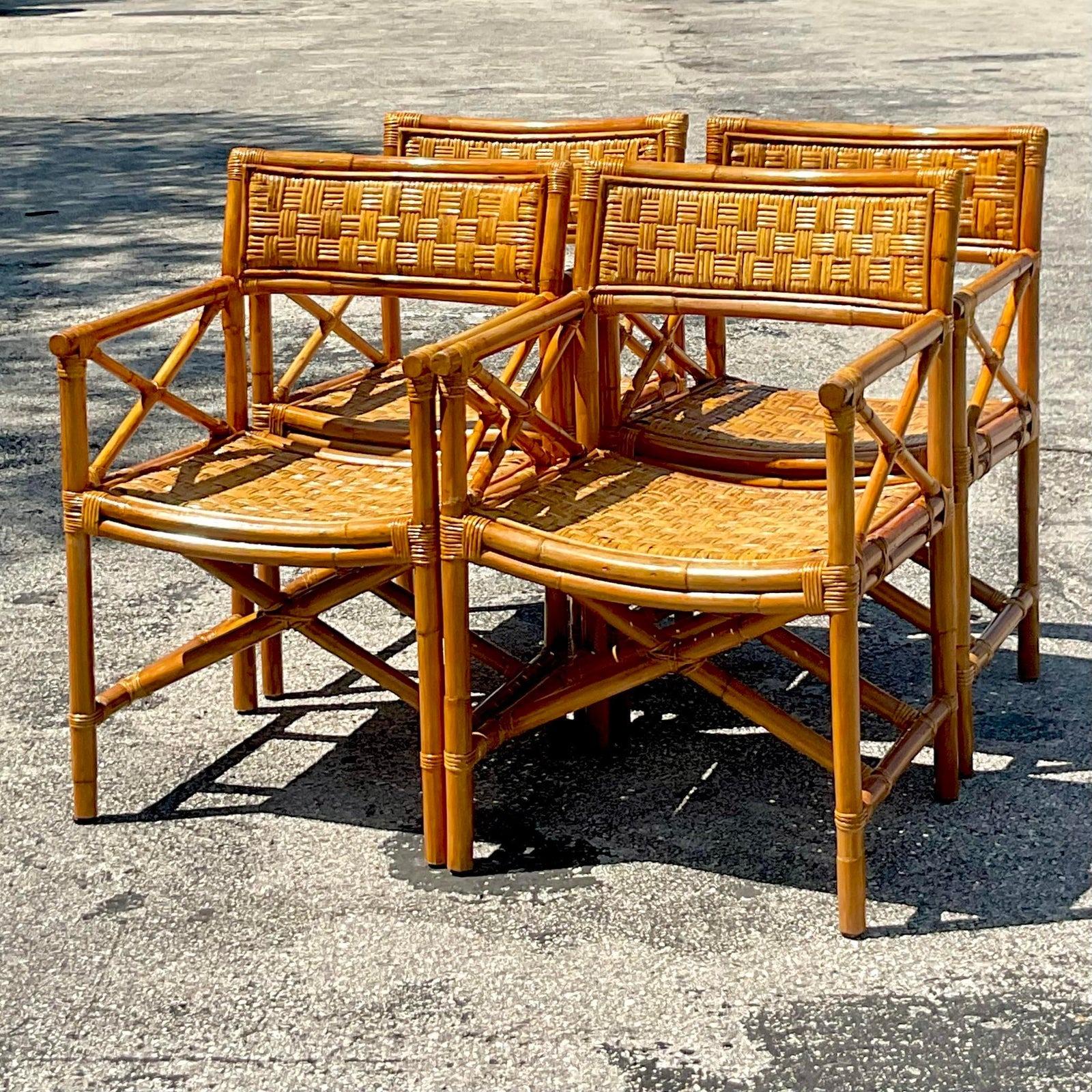 20th Century Vintage Coastal Woven Rattan Directors Chairs - Set of 4 For Sale