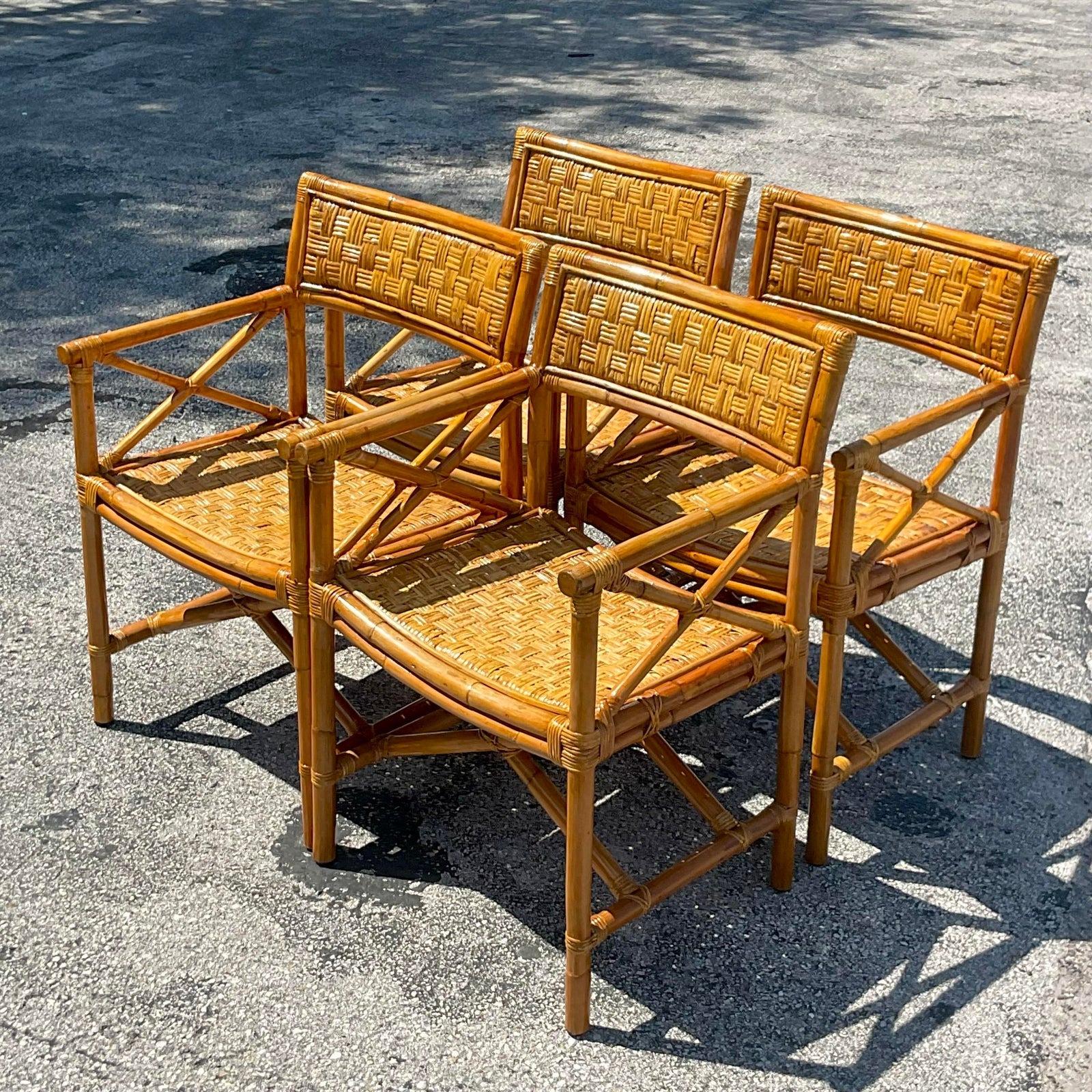 Vintage Coastal Woven Rattan Directors Chairs - Set of 4 For Sale 1