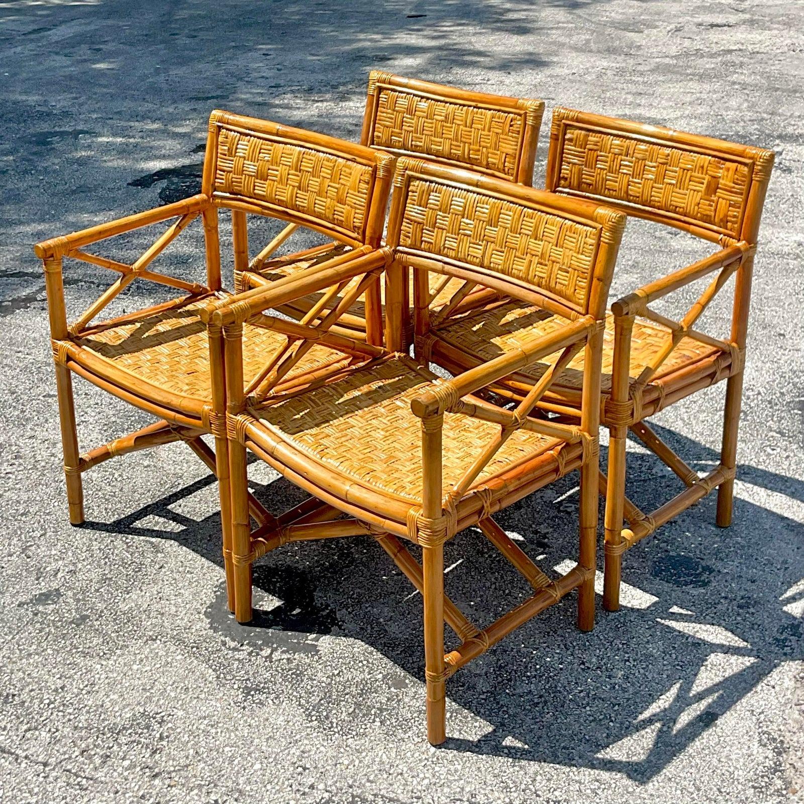 Vintage Coastal Woven Rattan Directors Chairs - Set of 4 For Sale 2