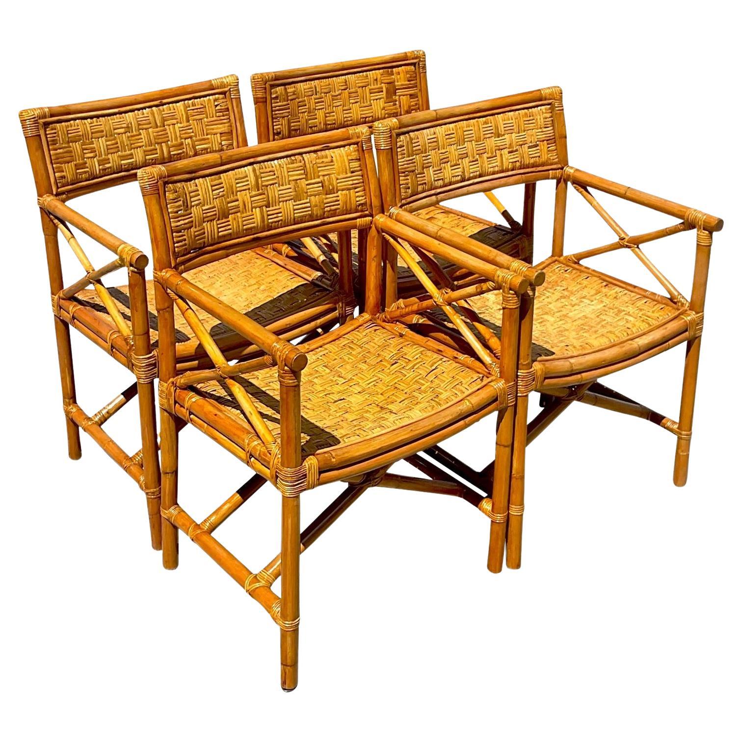 Vintage Coastal Woven Rattan Directors Chairs - Set of 4 For Sale