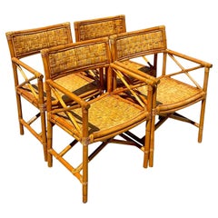 Vintage Coastal Woven Rattan Directors Chairs, Set of 4