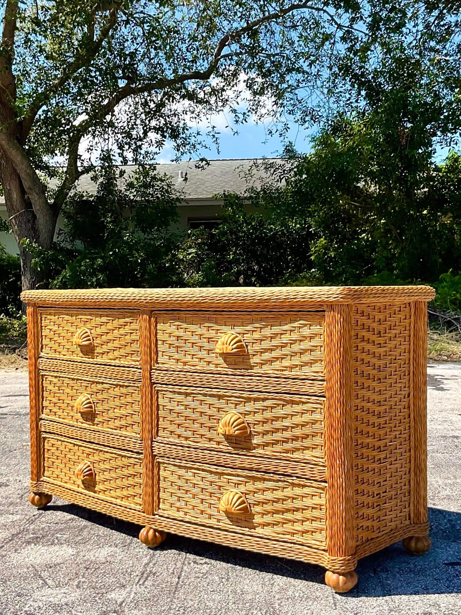 Vintage Coastal Woven Rattan Dresser In Good Condition For Sale In west palm beach, FL