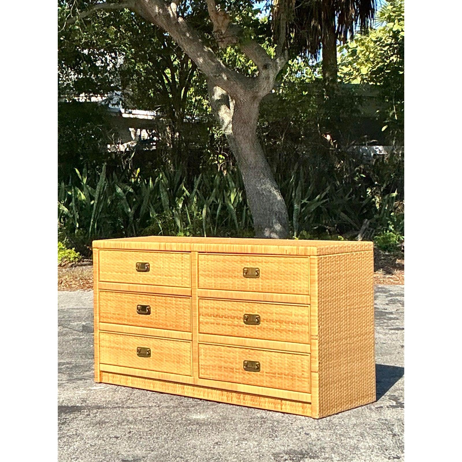 20th Century Vintage Coastal Woven Rattan Dresser For Sale