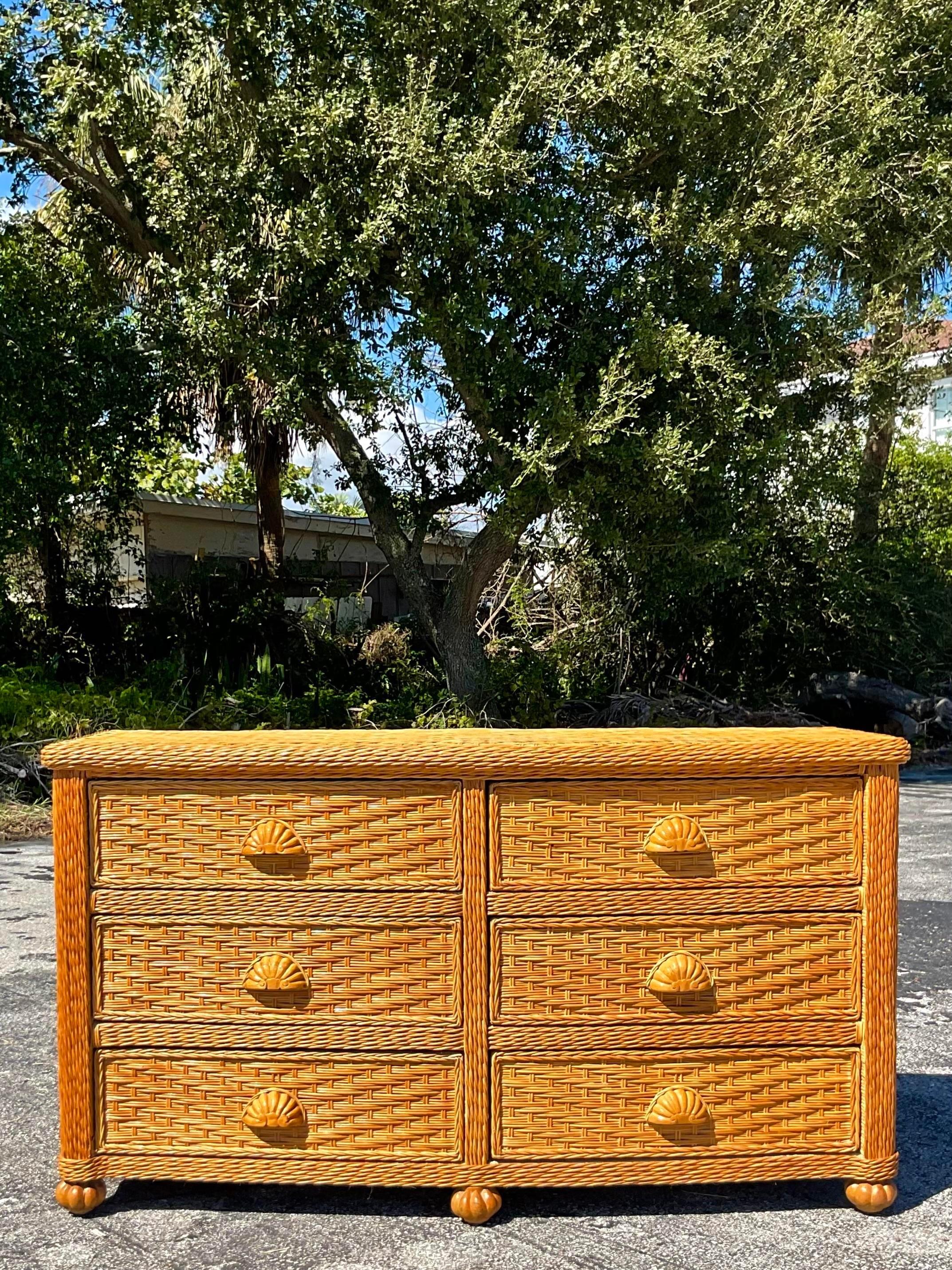 20th Century Vintage Coastal Woven Rattan Dresser For Sale