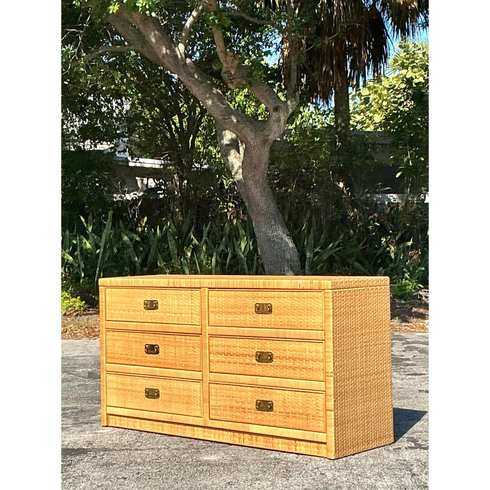 Brass Vintage Coastal Woven Rattan Dresser For Sale