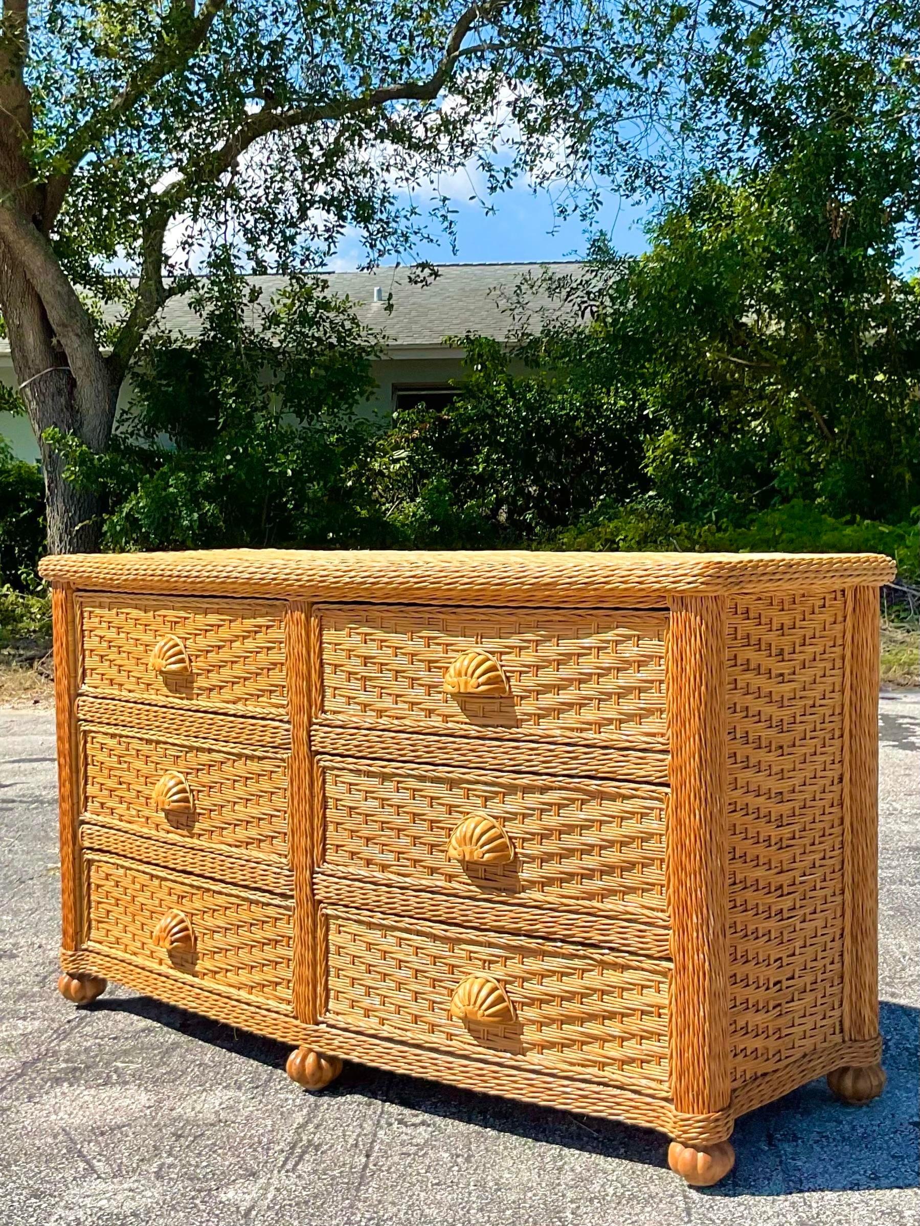 Shell Vintage Coastal Woven Rattan Dresser For Sale