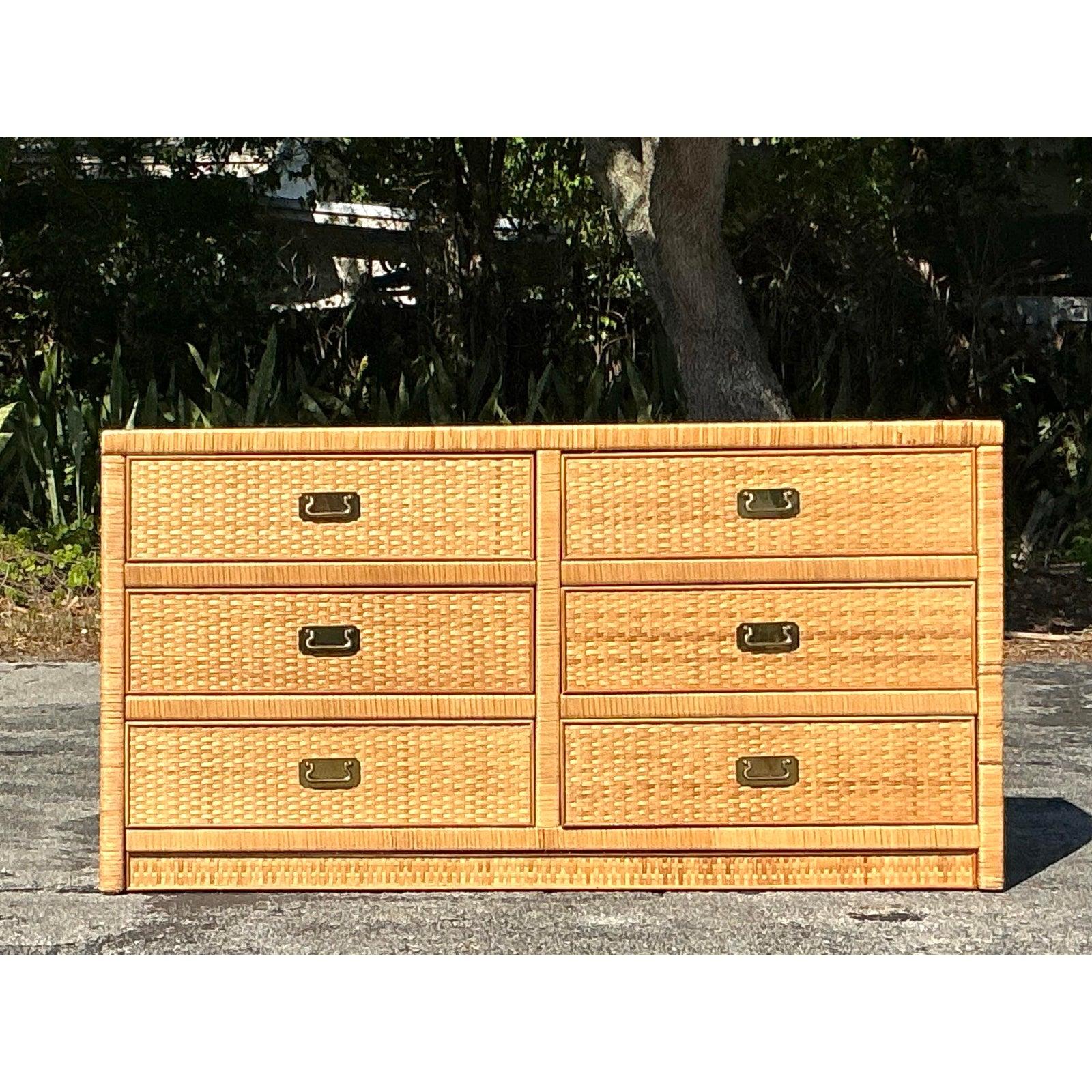 Vintage Coastal Woven Rattan Dresser For Sale 1