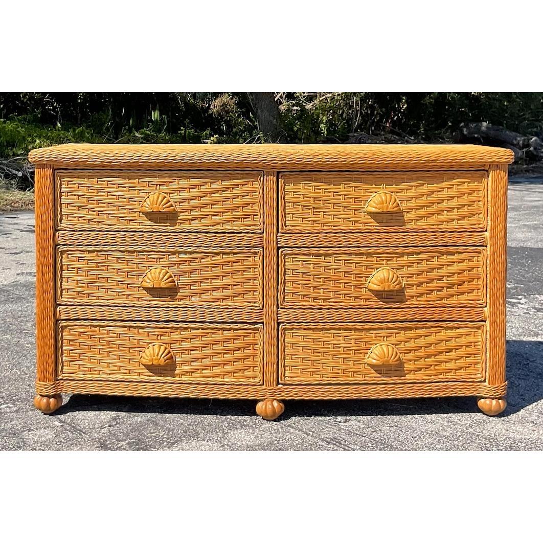 Vintage Coastal Woven Rattan Dresser For Sale 2