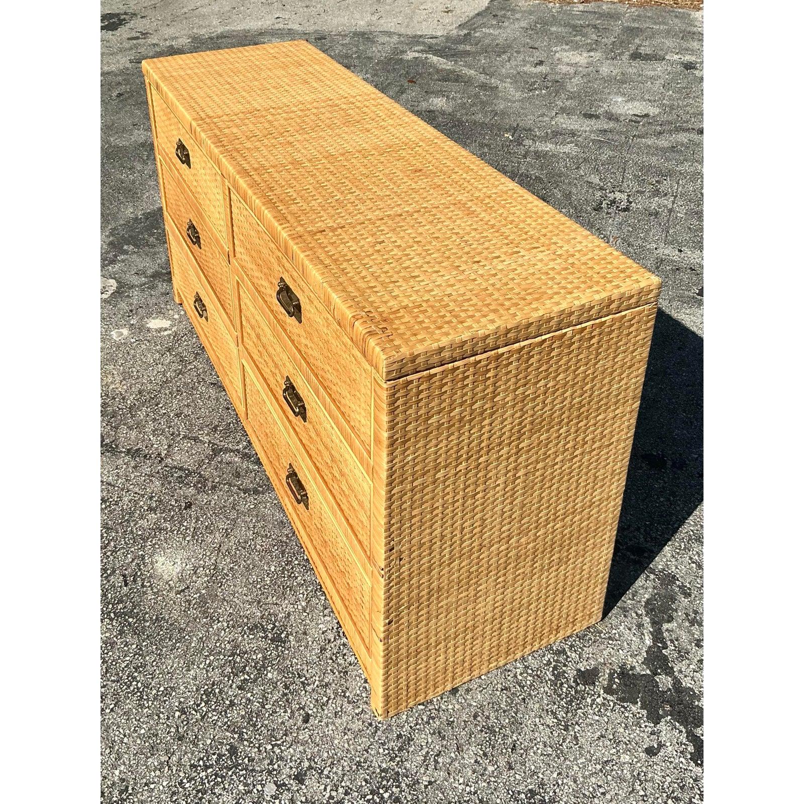 Vintage Coastal Woven Rattan Dresser For Sale 3