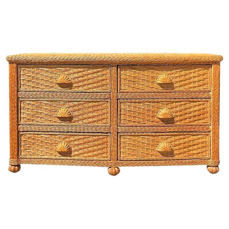 Vintage Coastal Woven Rattan Dresser For Sale