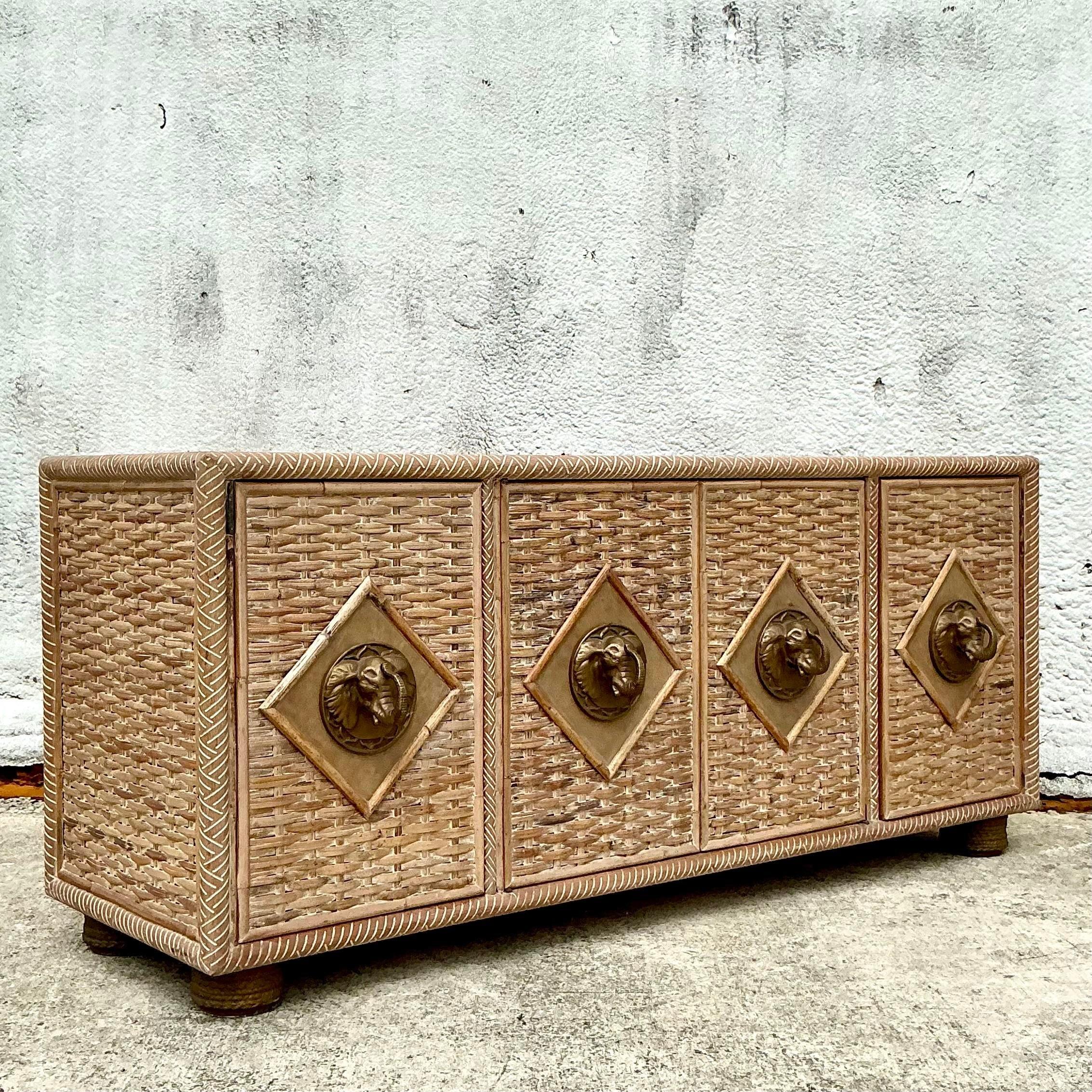 Vintage Coastal Woven Rattan Elephant Head Credenza 4
