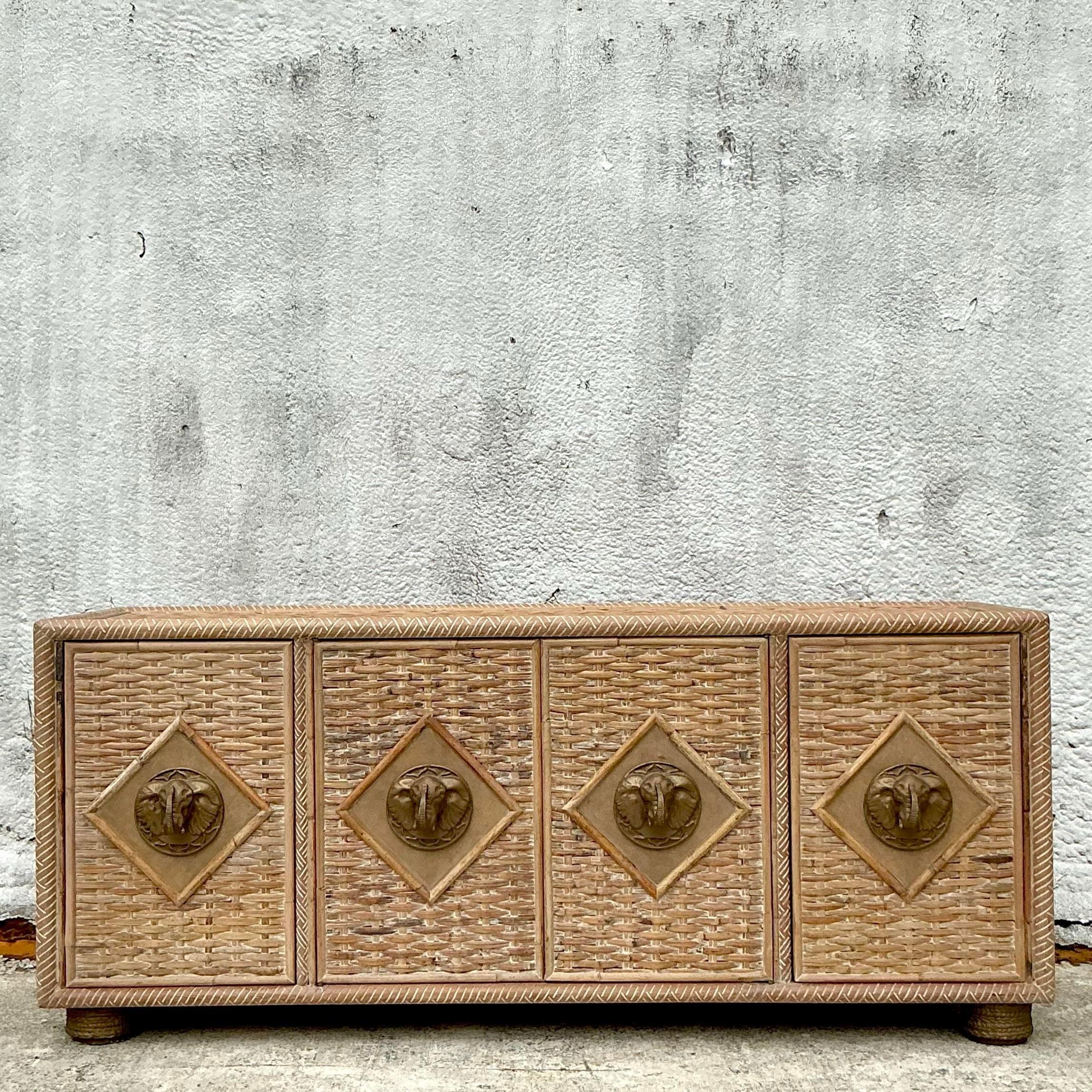 Vintage Coastal Woven Rattan Elephant Head Credenza In Good Condition In West Palm Beach, FL