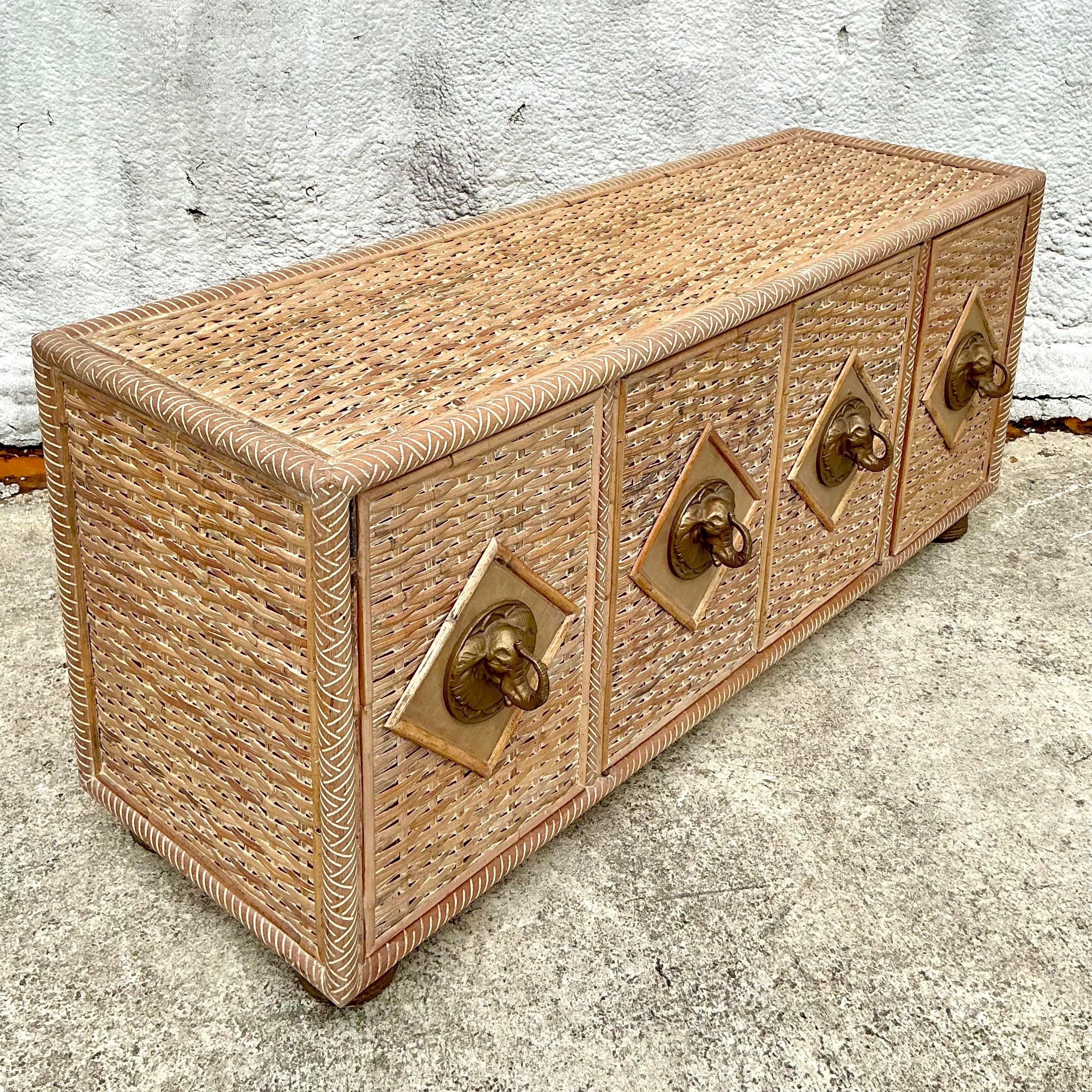 Brass Vintage Coastal Woven Rattan Elephant Head Credenza