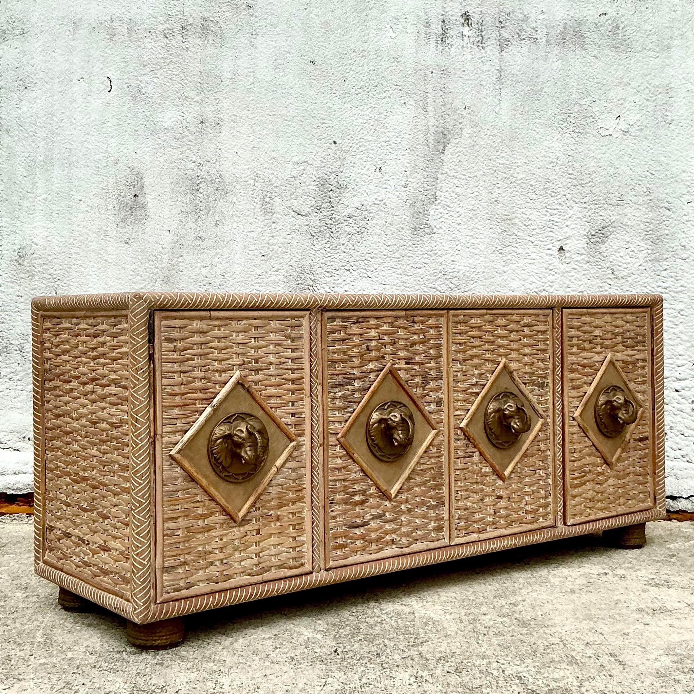 Vintage Coastal Woven Rattan Elephant Head Credenza 2