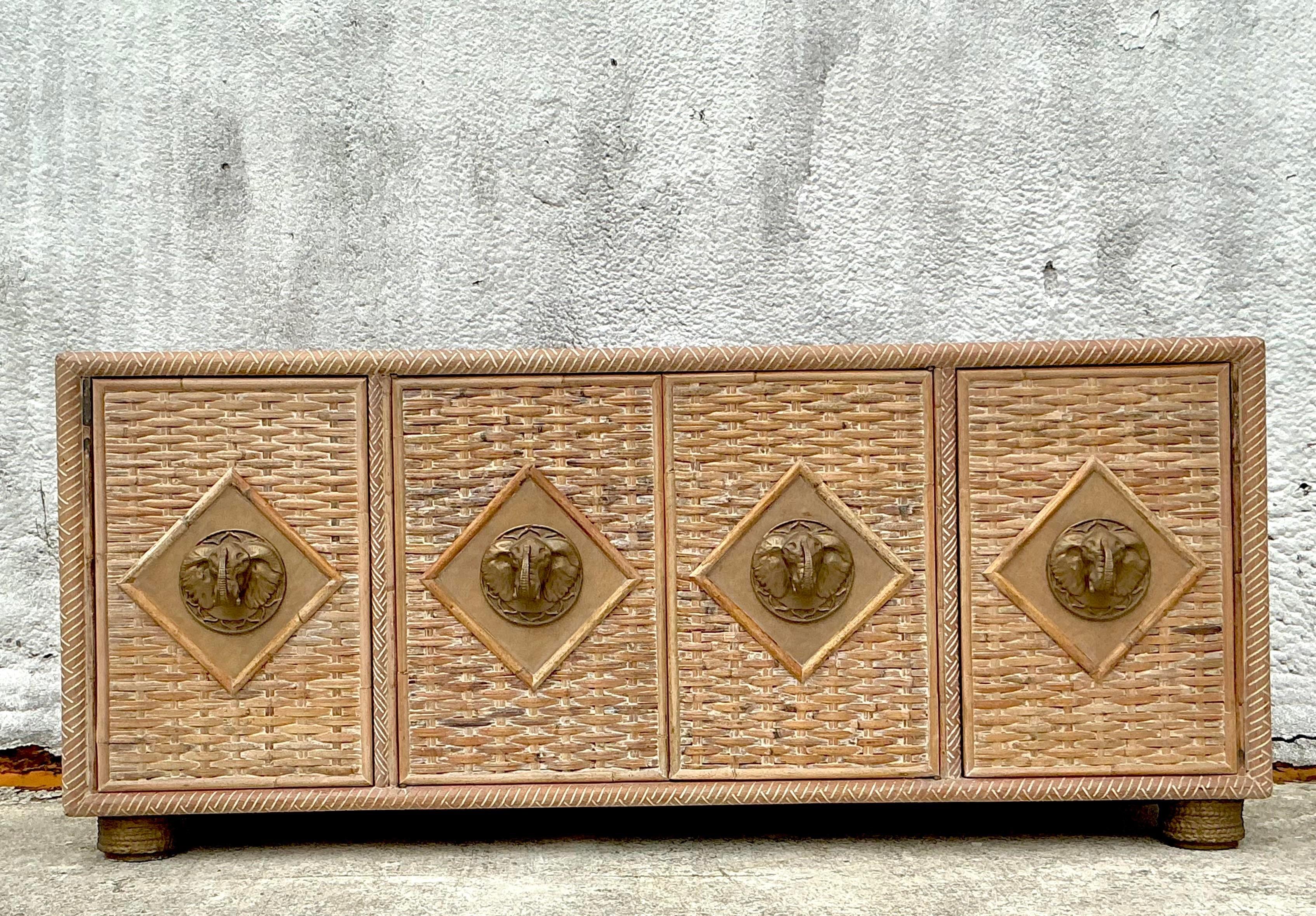 Vintage Coastal Woven Rattan Elephant Head Credenza 3