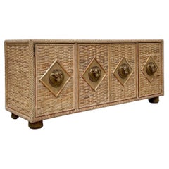 Vintage Coastal Woven Rattan Elephant Head Credenza