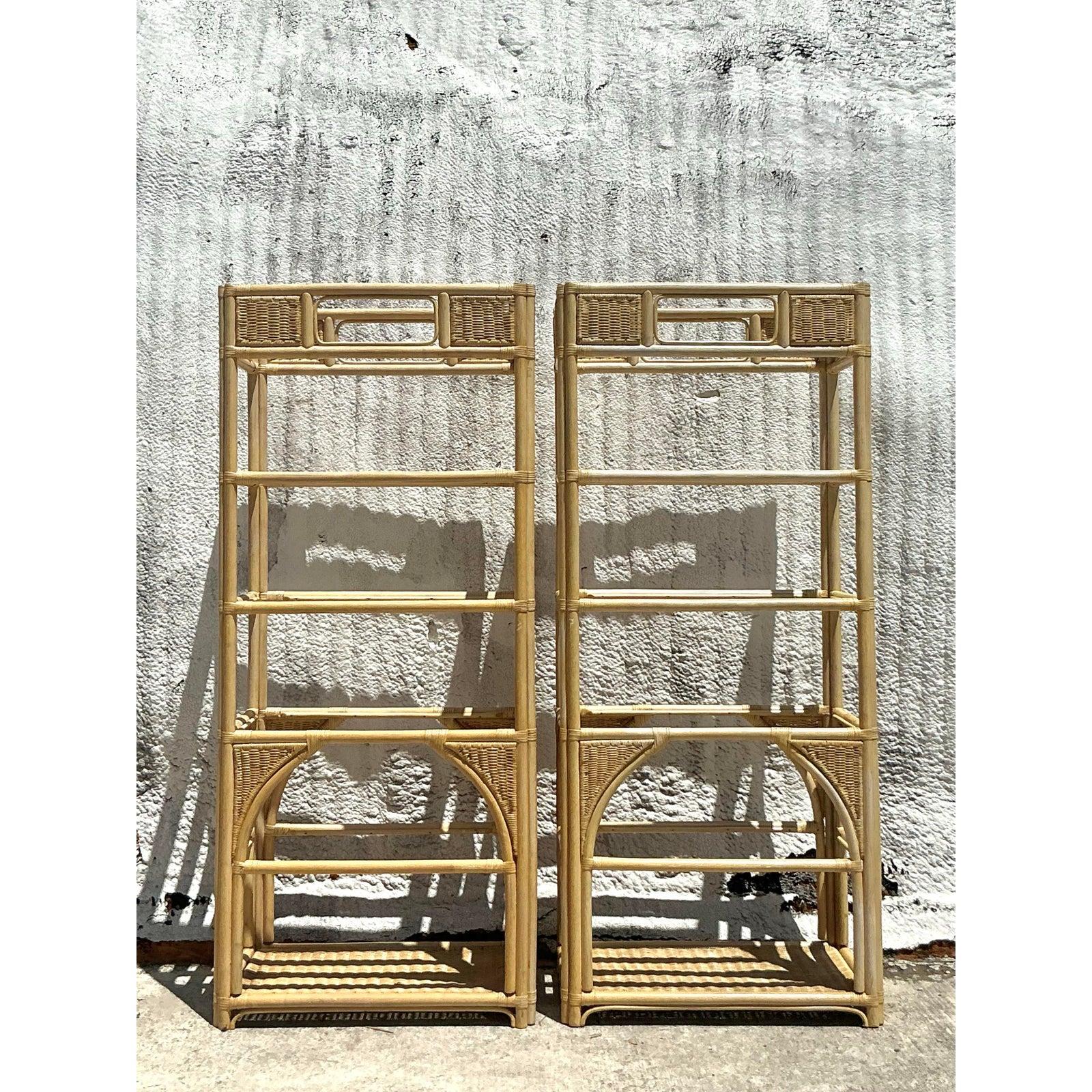 Estantería costera vintage de ratán tejido - Pareja en venta 4