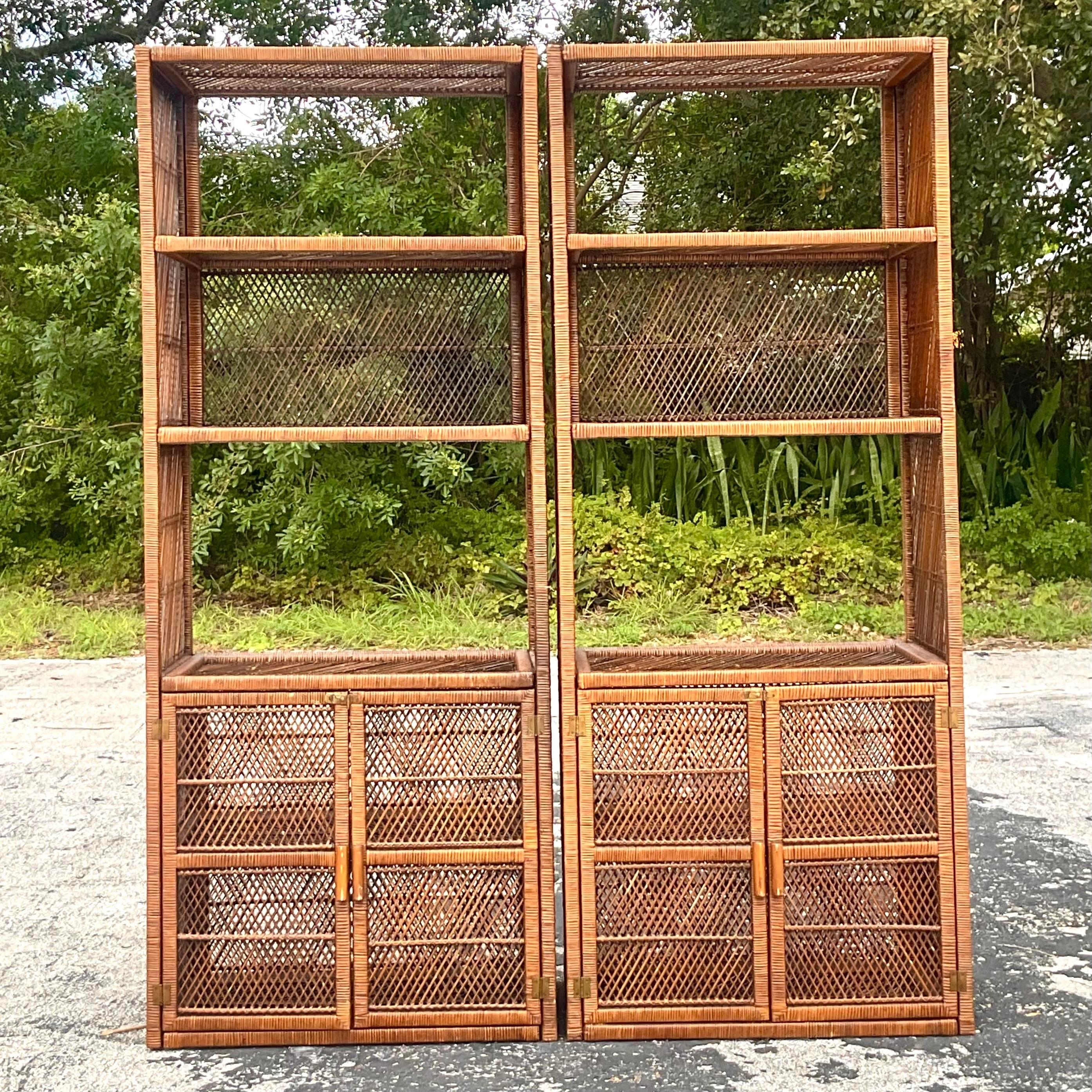 Philippine Vintage Coastal Woven Rattan Etagere - a Pair For Sale