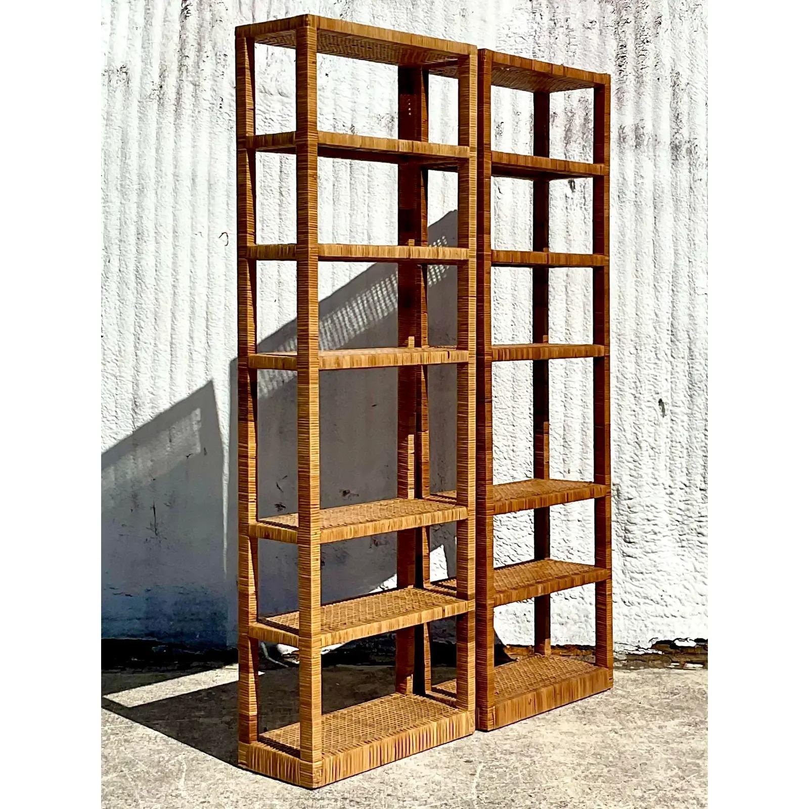 Vintage Coastal Woven Rattan Etagere, a Pair In Good Condition In west palm beach, FL