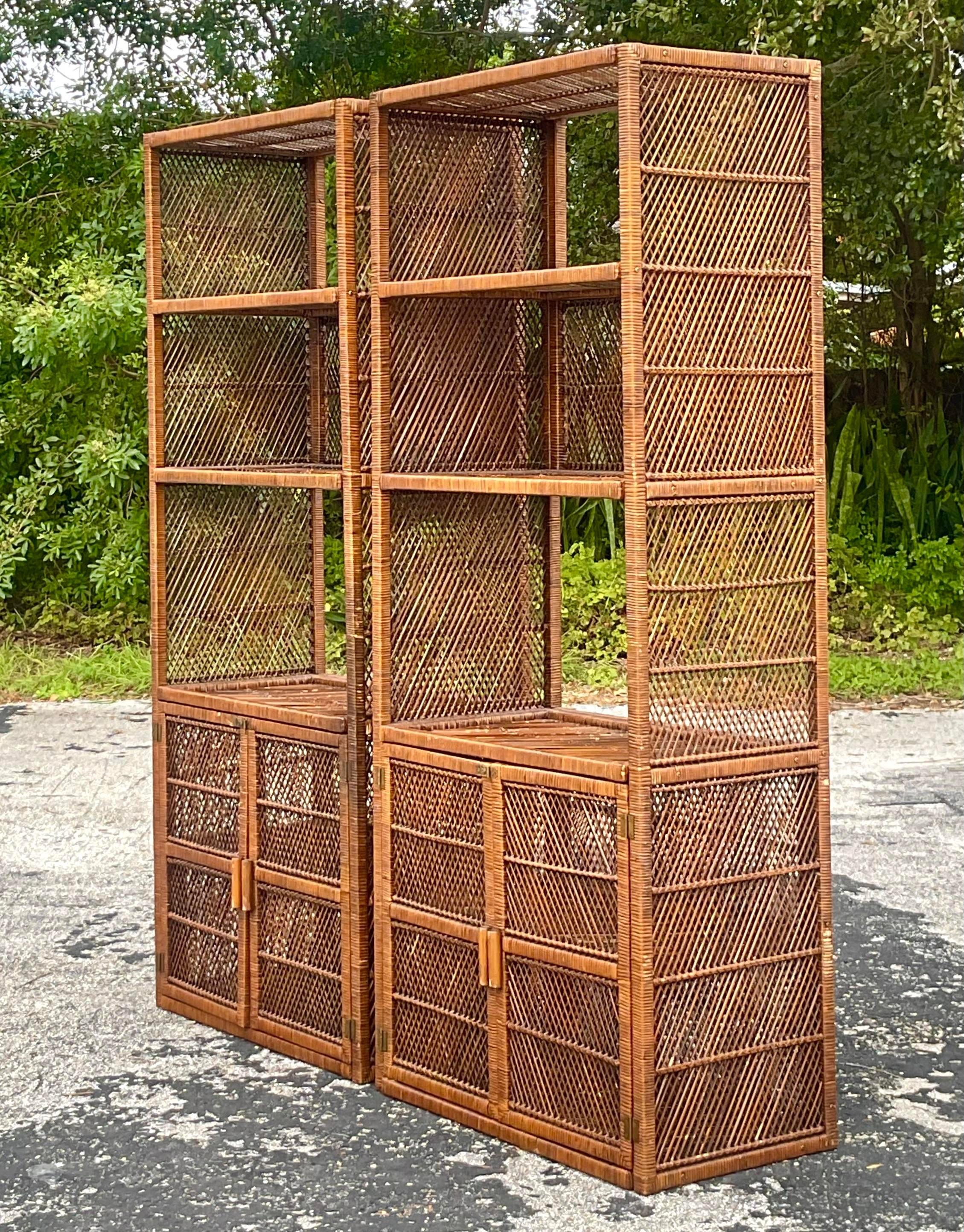 20th Century Vintage Coastal Woven Rattan Etagere - a Pair For Sale
