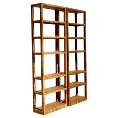 Vintage Coastal Woven Rattan Etagere, a Pair