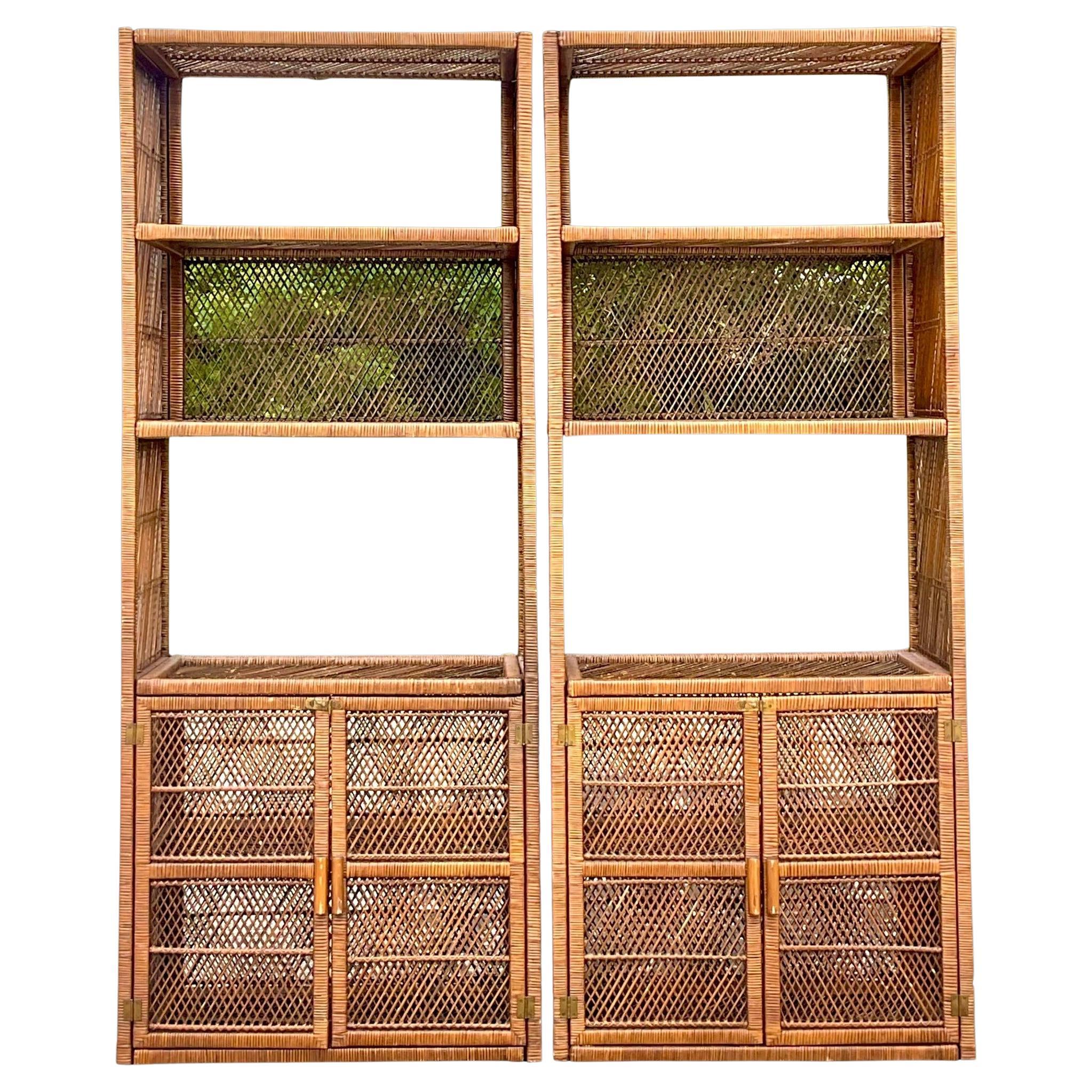 Vintage Coastal Woven Rattan Etagere - a Pair For Sale
