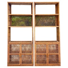 Vintage Coastal Woven Rattan Etagere - une paire