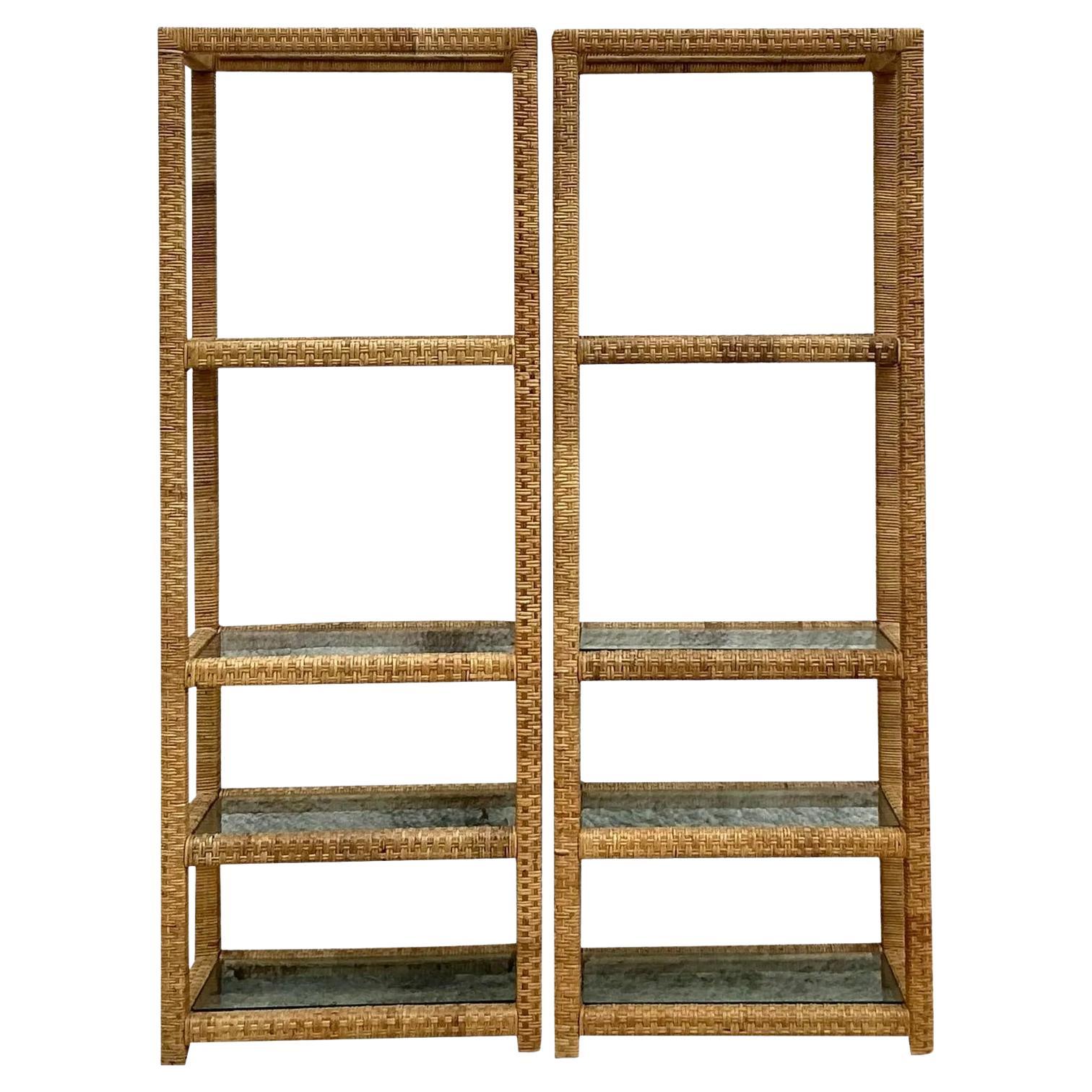 Vintage Coastal Woven Rattan Etagere - a Pair