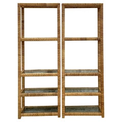 Vintage Coastal Woven Rattan Etagere - une paire