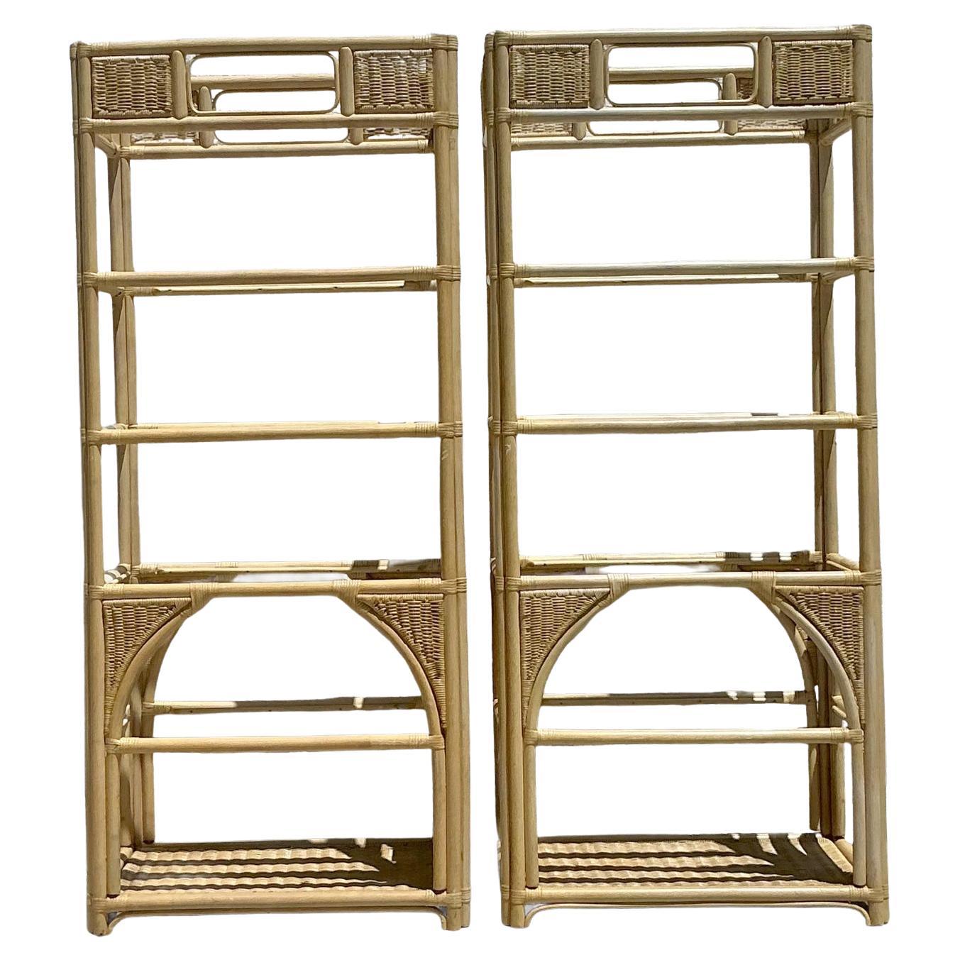 Vintage Coastal Woven Rattan Etagere - A Pair