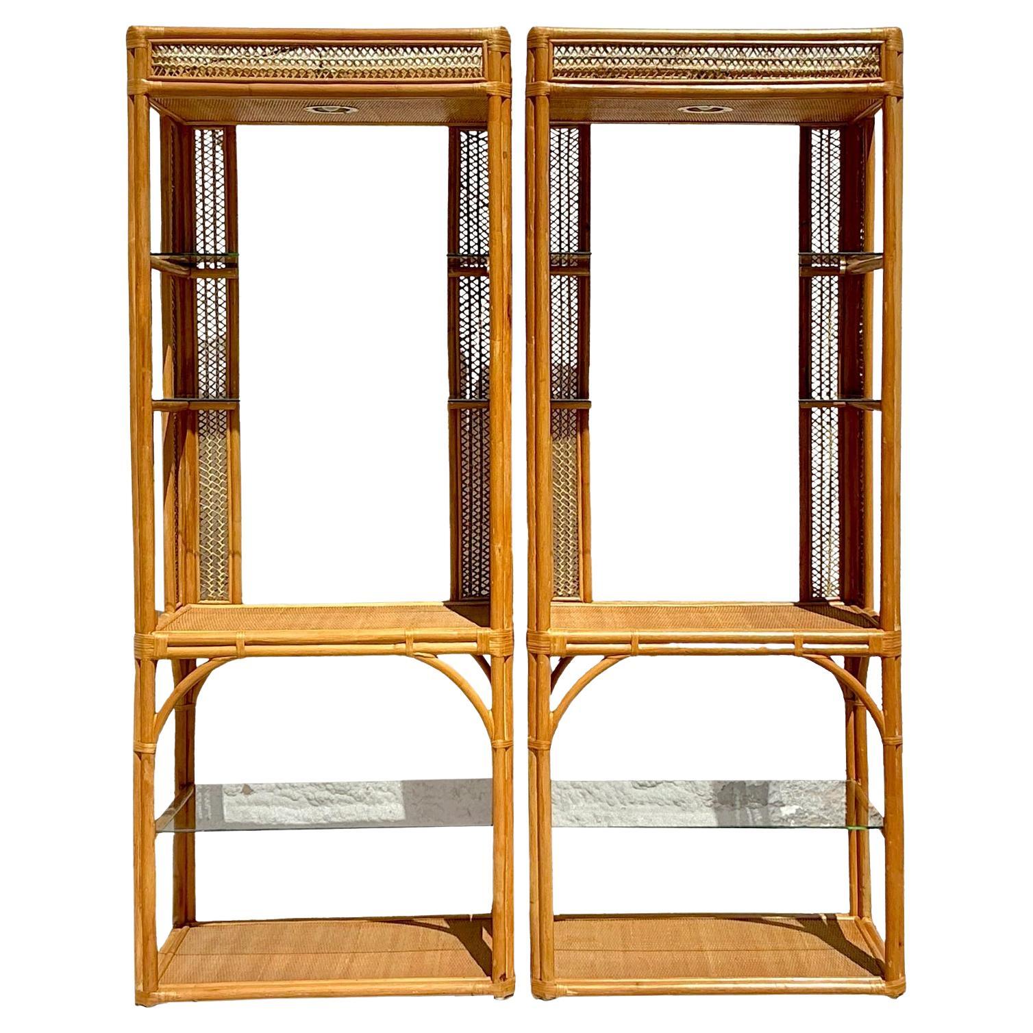 Vintage Coastal Woven Rattan Etagere - A Pair