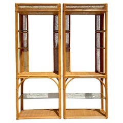 Vintage Coastal Woven Rattan Etagere - A Pair