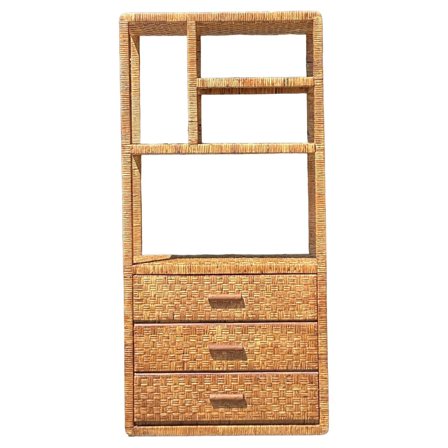 Vintage Coastal Woven Rattan Etagere