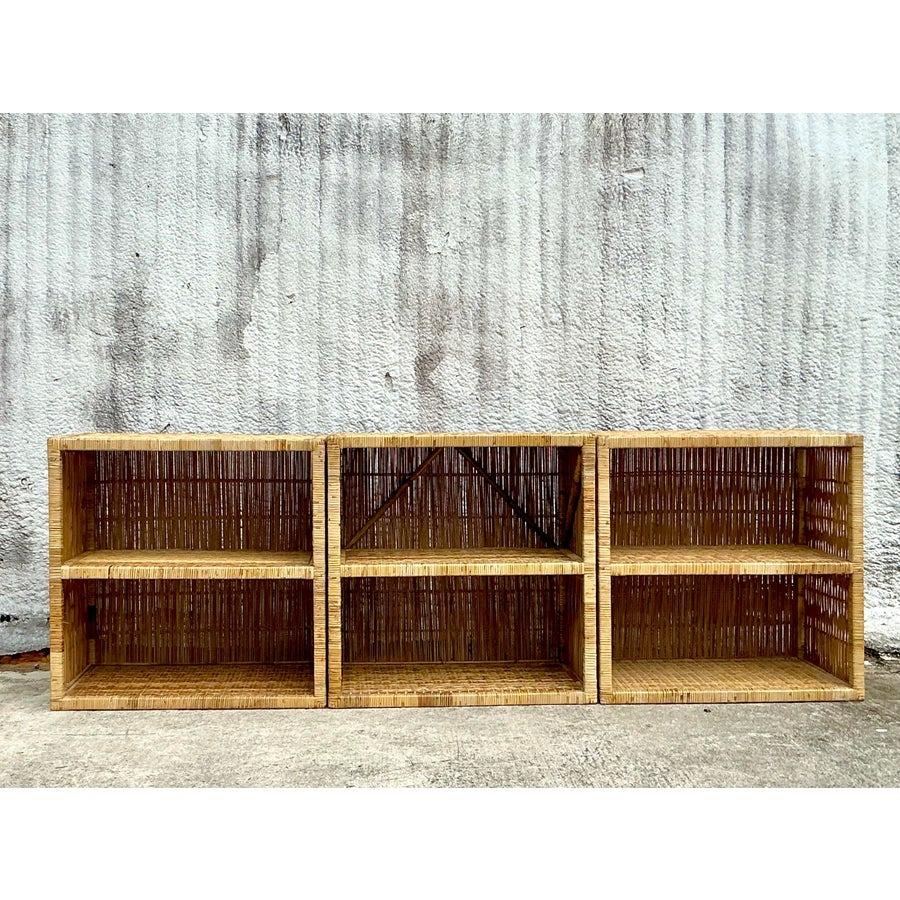 Rattan Etagere basse in rattan intrecciato Vintage By - Set di 3 in vendita