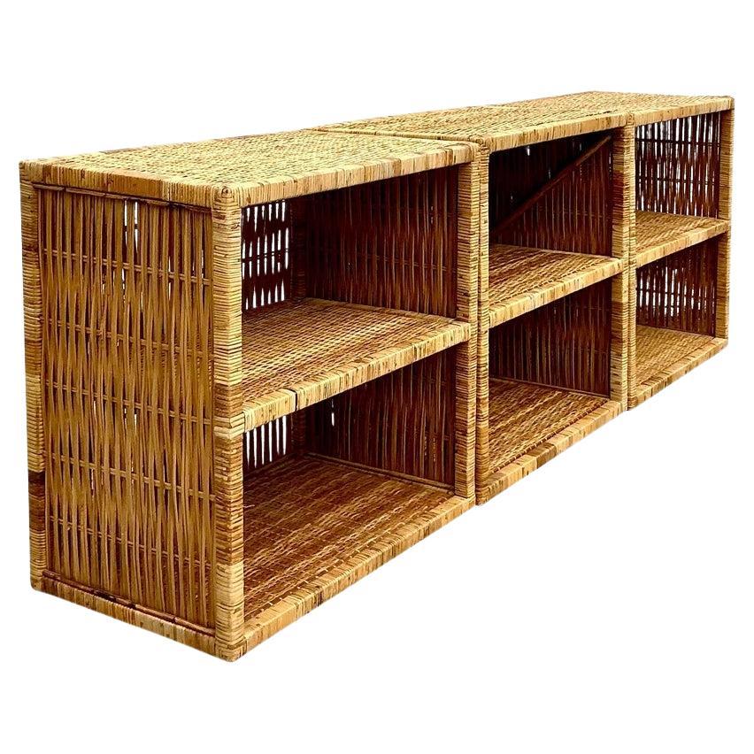 Vintage Coastal Woven Rattan Etagere Low Etagere - Set of 3