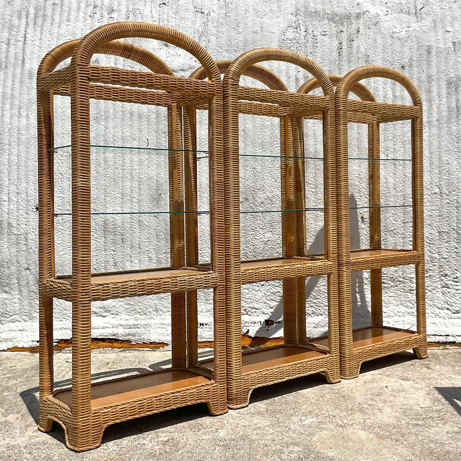 Vintage Coastal Woven Rattan Etagere - Set of Three In Good Condition In west palm beach, FL