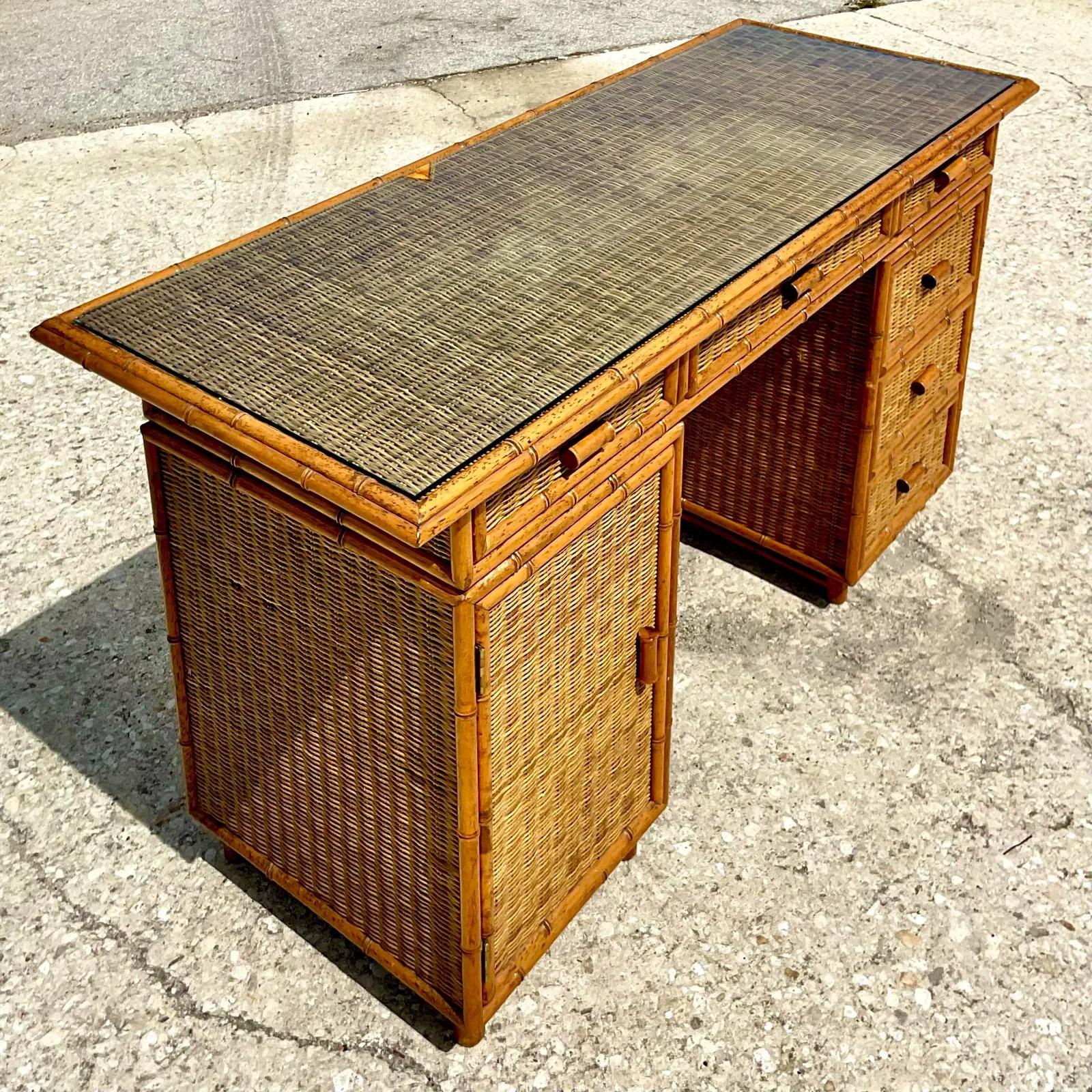 Vintage Coastal Woven Rattan Executive Desk 1