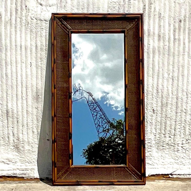 Vintage Coastal Woven Rattan Floor Mirror For Sale at 1stDibs