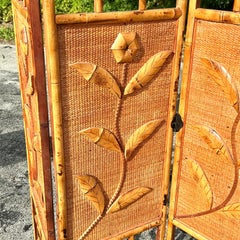 Vintage Coastal Woven Rattan Flowers Screen