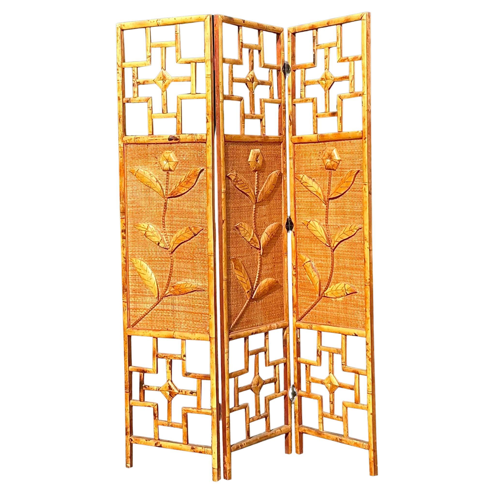 Vintage Coastal Woven Rattan Flowers Screen