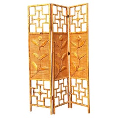 Vintage Coastal Woven Rattan Flowers Screen