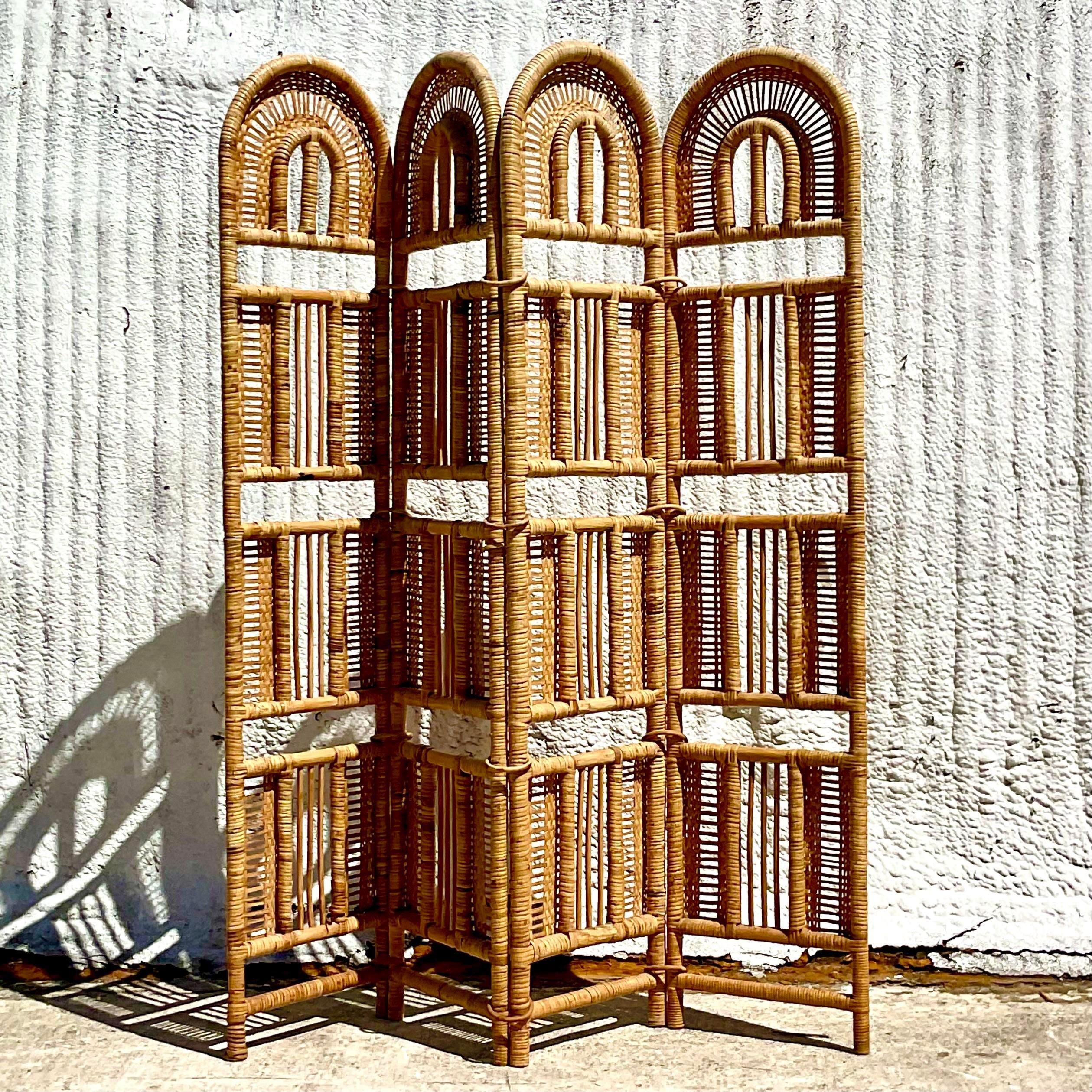 Vintage Coastal Woven Rattan Folding Screen In Good Condition In west palm beach, FL