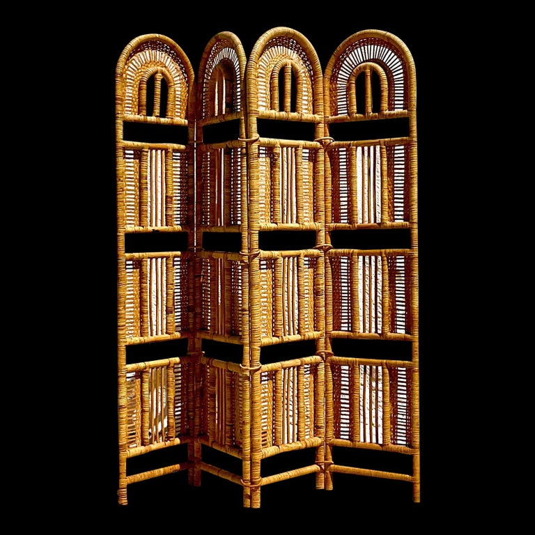 Vintage Coastal Woven Rattan Folding Screen For Sale at 1stDibs
